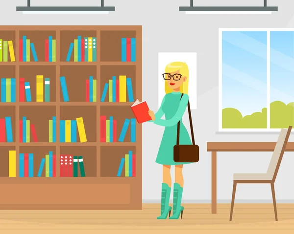 Student Girl Choosing Book in Library, Library Interior with Books on Wooden Bookshelves Flat Vector Illustration - Stok Vektor