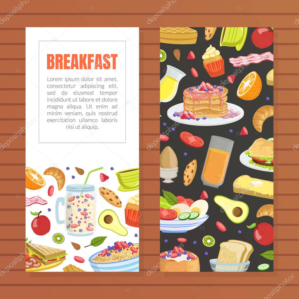 Breakfast Card Banner Template with Tasty Morning Meal Dishes and Place for Text, Advertising Banner, Poster, Flyer, Brochure or Packaging Element Vector Illustration