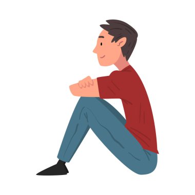 Günlük kıyafetli adam, Çimenlerde oturan erkek öğrenci, Yan Görünüm Vektör İllüzyonu