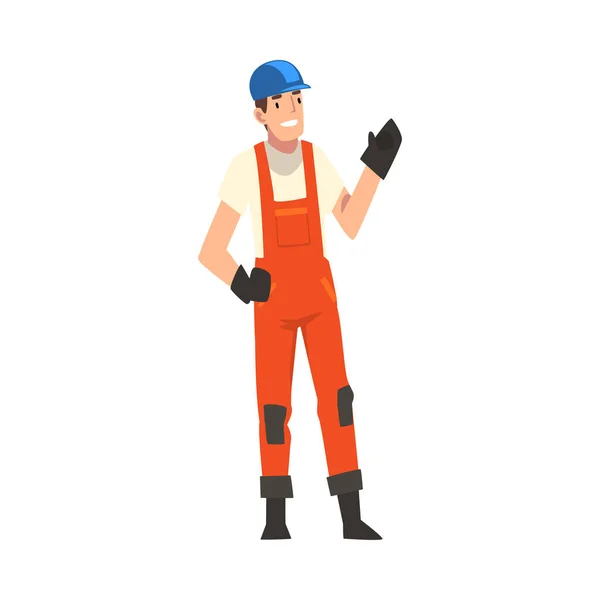 Wesoły pracownik budowlany, Mężczyzna budowniczy znak noszący mundur i ochronny kask budynku House Cartoon Ilustracja wektor — Wektor stockowy