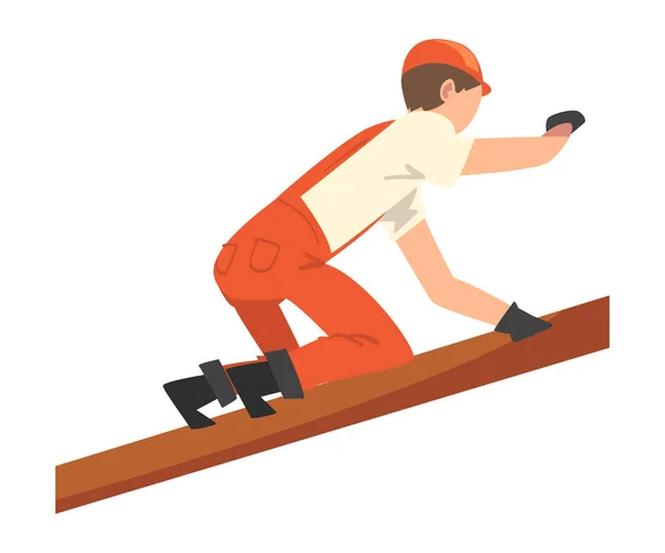 Stavební dělník, Muž tesař Charakter nošení Uniform a ochranná přilba Stavební dřevěné konstrukce Cartoon Vector Illustration — Stockový vektor
