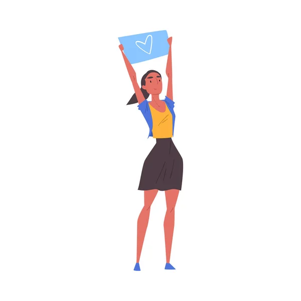 Mladá žena aktivistka držící plakát se symbolem srdce, ženská protektorka Charakter Prohlášení o svých právech, Mezinárodní den žen Cartoon Vector Illustration — Stockový vektor