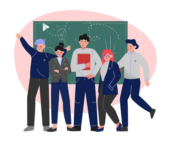 Groupe d'étudiants debout ensemble devant le tableau noir, les adolescents garçons et les filles en uniforme dans la salle de classe Illustration vectorielle — Image vectorielle