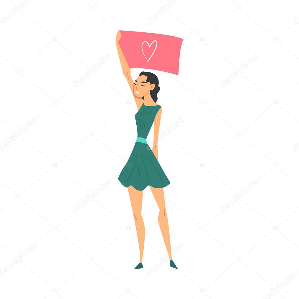 Young Woman Activist Holding Poster with Heart Symbol, Empowerment Movement, International Women Day Vector Illustration