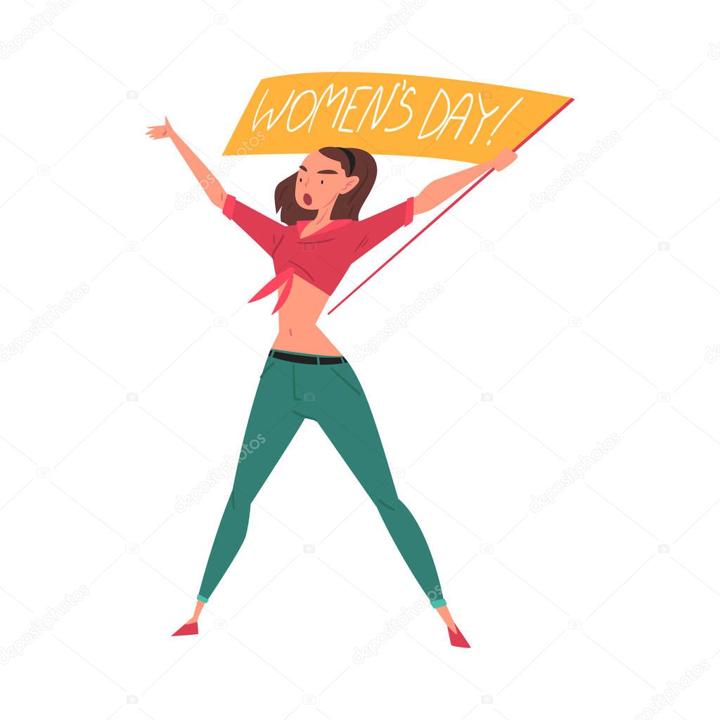 Young Woman Activist Protesting with Flag, Female Protester Character Statementing of her Rights, International Women Day Vector Illustration