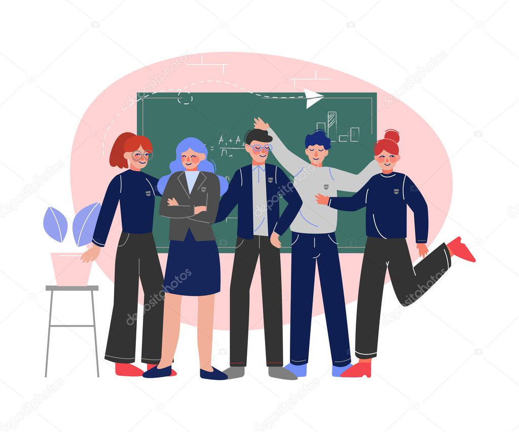 Group of Smiling Students Standing Together in Front of Blackboard Vector Illustration