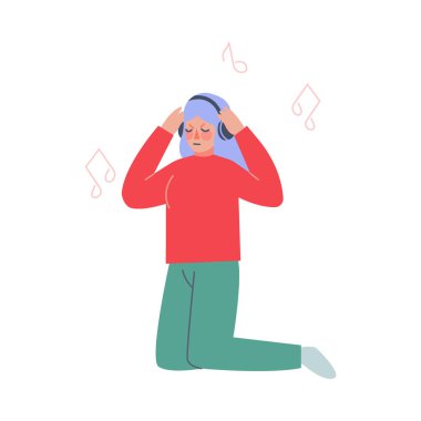 Kulaklık takan, müzik dinleyen, dizlerinin üstünde oturan, rahatlatan, stresi azaltan ve yöneten, çizgi film stili illüstrasyonunu yöneten adam.