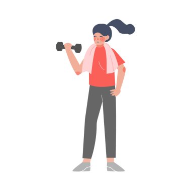 Stresli Duygusallığı Sakinleştirmek için Dambıllarla Egzersiz Yapan, Stres Rahatlatan, Azaltan ve Yöneten Stres Çizgi Filmi Çizgi Filmi Çizgi Roman İllüstrasyonunu Yöneten Kız