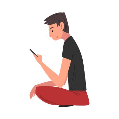 Sıradan Giysiler Giyen Adam Akıllı Telefon, Çimlerde Oturan Erkek Öğrenci, Yan Görünüm Vektör İllüstrasyonu