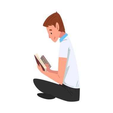 Günlük Kıyafet Okuyan Adam, Çimlerde Oturan Erkek Öğrenci, Yan Görünüm Vektör İllüzyonu