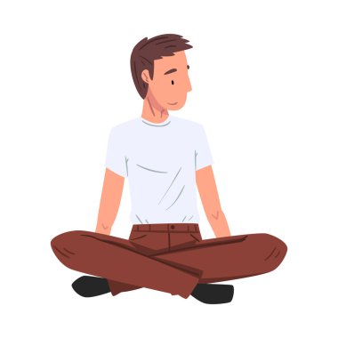 Günlük kıyafetli adam, erkek öğrenci çimenlerde çapraz bacaklı vektör ilüstrasyonuyla oturuyor.