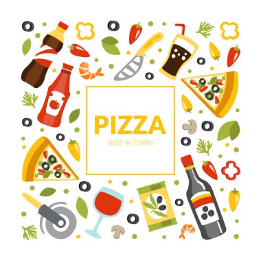 Pizza Banner Şablonu, Geleneksel İtalyan Gıda Malzemeleri Kusursuz Mönü, Restoran, Kafe Tasarım Elemanı, Broşür, Flyer Vector Illustration