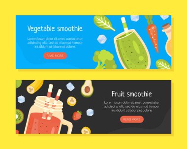 Sebze ve Meyve Smoothies İniş Sayfa Şablonları Seti, Sağlıklı Vitamin Ham İçecekleri, Refah Sitesi Vektörü İllüstrasyonu Detox Programı