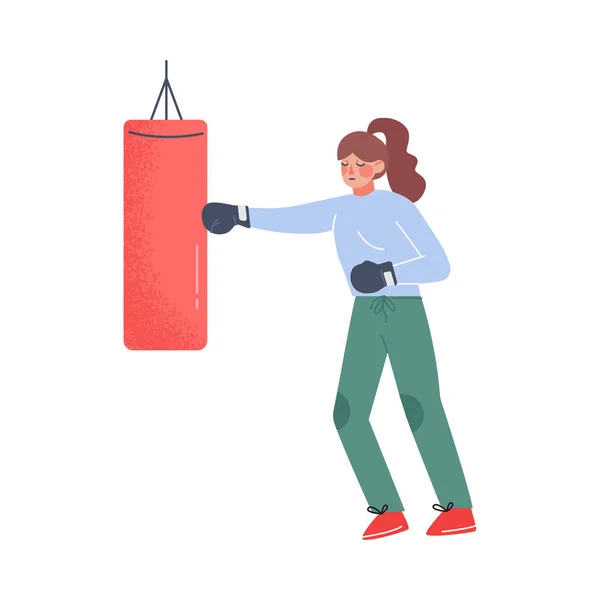 Young Woman Hitting Punching Bag with Boxing Gloves to calm Down Stresstress Emotion, Person Relaxing, Reducing and Managing stress Cartoon Style Vector Illustration — 스톡 벡터