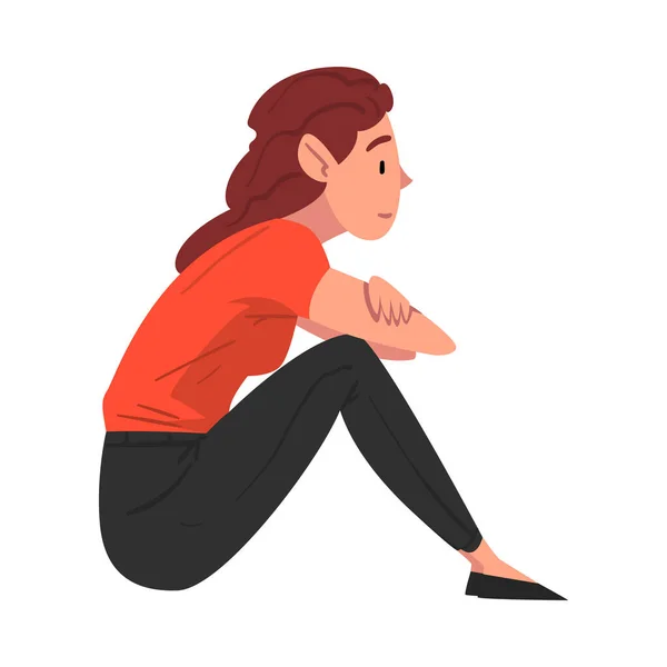 Bedachtzaam meisje in casual kleding, Pensive Student zitten op het gazon, Side View Cartoon Vector Illustratie — Stockvector
