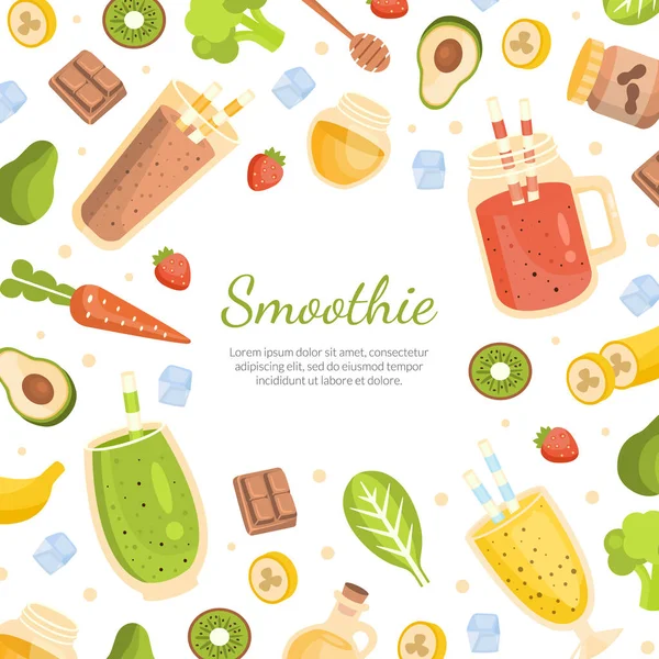 Smoothie Banner Vorlage mit gesunden Vitamingetränken und Zutaten nahtlose Muster, leckere natürliche Detox Cocktail Poster, Werbebroschüre Cartoon Vector Illustration. — Stockvektor