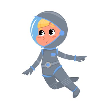 Uzayda Yüzen Uzay Giysisindeki Sevimli Çocuk Astronot, Astronotları Oynayan Çocuk, Uzay Turisti Karakteri Çizgi Film Tarzı Vektör İllüzyonu