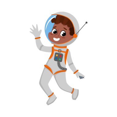 Uzay Giysisindeki Çocuk Astronot Karakteri Elini Sallıyor, Astronot Çizgi Filmi Biçimli Vektör İllüzyonu Hayal Eden Çocuk
