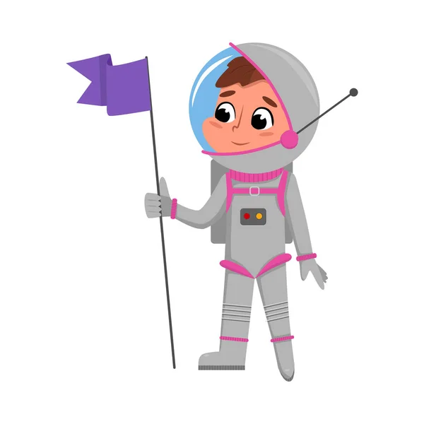 Симпатичный персонаж астронавта в космическом костюме стоит с флагом, мальчик мечтает стать астронавтом — стоковый вектор