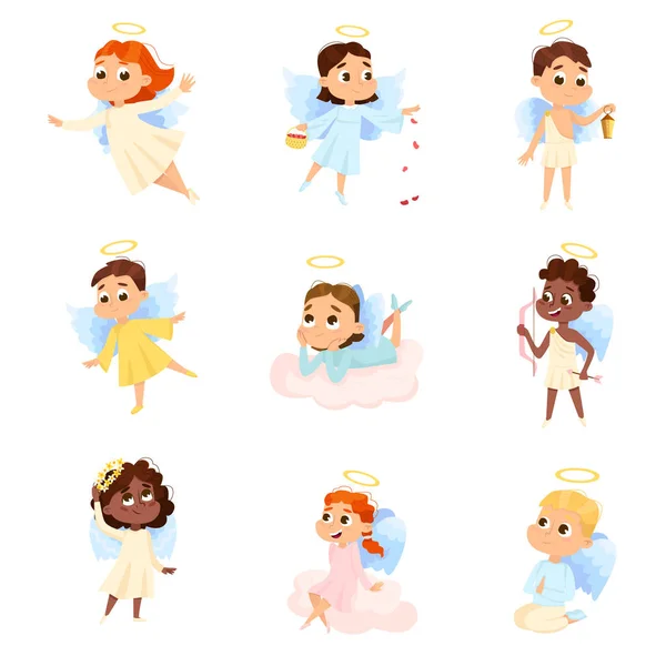 Cute Baby Angels Set, Angelic Boys and Girls with Wings and Halo Cartoon Style Vector Illustration — Stock Vector