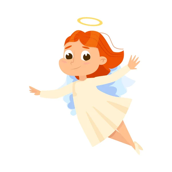 Cute Baby Angel Flying in Sky, Angelic Girl with Wings and Halo Cartoon Style Vector Illustration — Stock Vector
