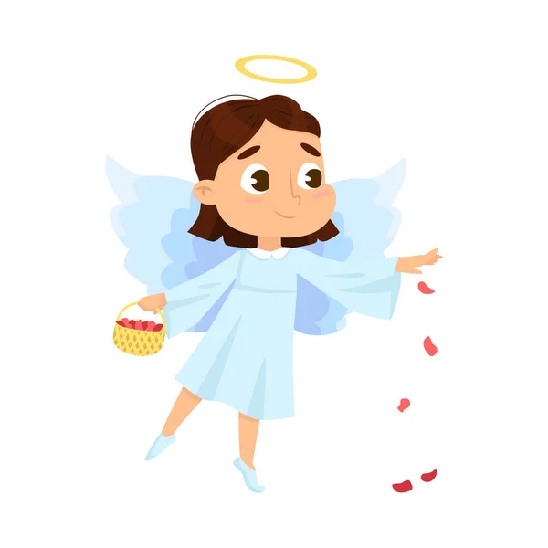 Cute Baby Angel com Cesta Cheia de Pétalas de Rosa, Menina Angélica com Asas e Halo Cartoon Style Vector Ilustração — Vetor de Stock