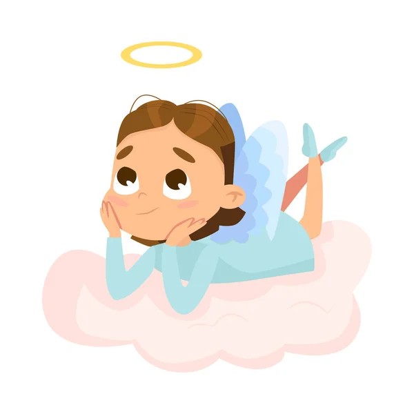 Cute Baby Angel Lying on Cloud, Angelic Girl with Wings and Halo Cartoon Style Vector Illustration — стоковий вектор