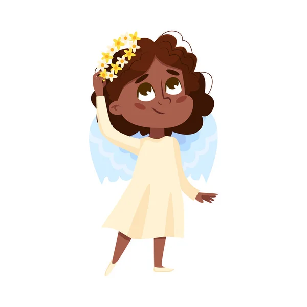 Cute Baby Angel, Angelico ragazza afroamericana con ali e corona di fiori stile cartone animato vettoriale Illustrazione — Vettoriale Stock