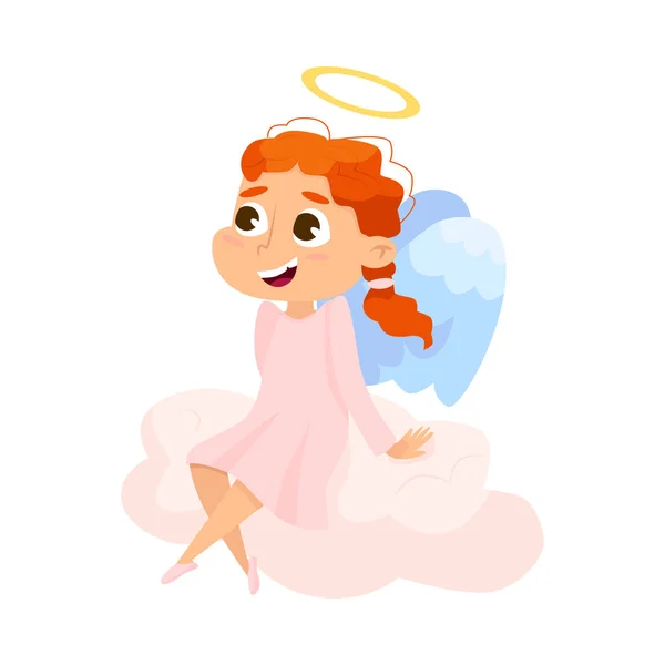 Roztomilé dítě anděl sedí na mraku, Angelic Girl s křídly a Halo karikatura styl vektorové ilustrace — Stockový vektor
