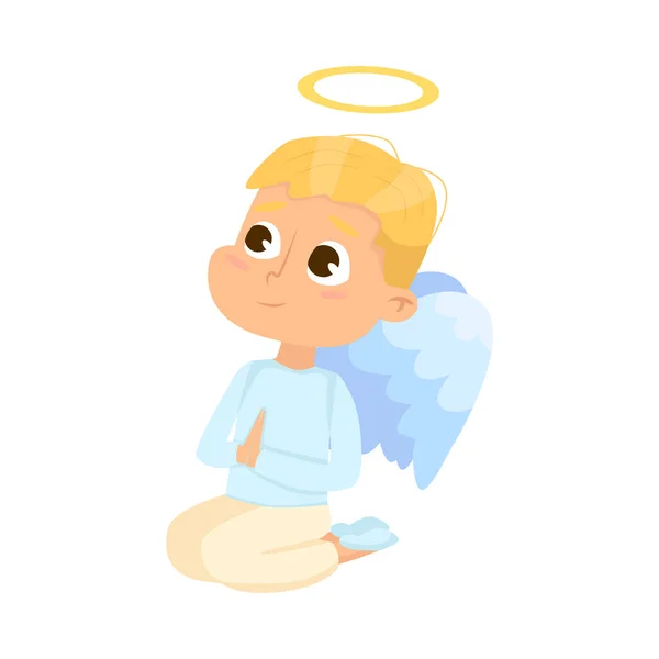 Cute Baby Angel Молитва на його ногах, Angelic Boy з крилами і Halo Cartoon Style Vector Illustration — стоковий вектор