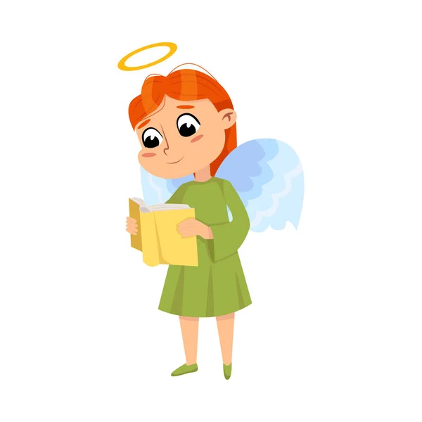 Cute Baby Angel Read Book, Angelic Girl with Wings and Halo Cartoon Style Vector Illustration — Stock Vector