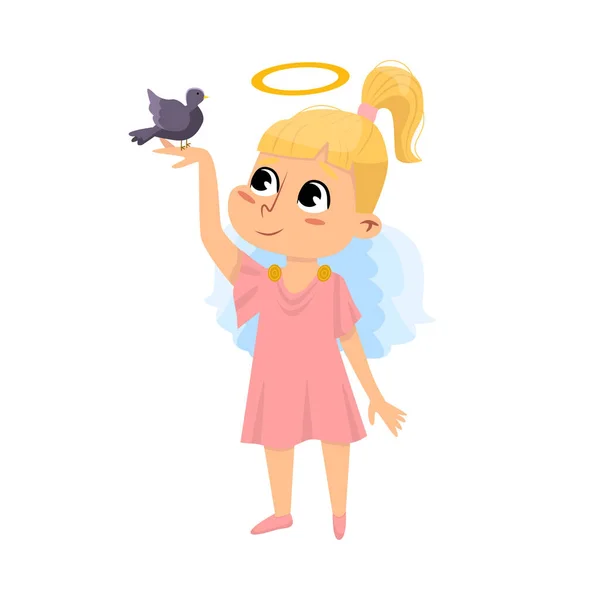 Ángel bebé lindo con pajarito, niña angelical con alas y halo ilustración vectorial de estilo de dibujos animados — Archivo Imágenes Vectoriales