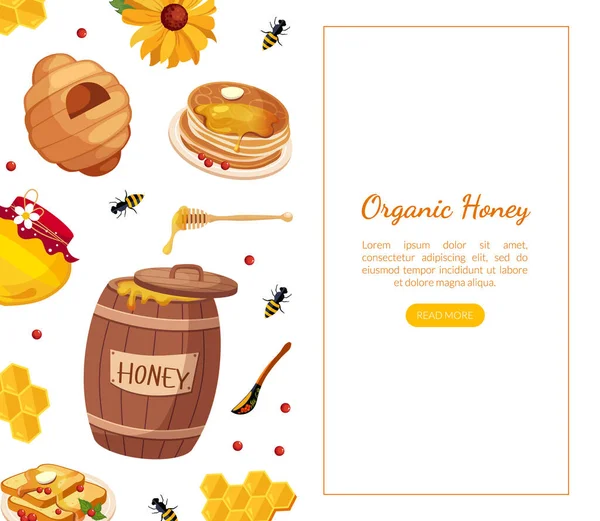 有机蜂蜜着陆模板、天然蜂蜜产品网站、流动应用、养蜂及蜂蜜生产病媒图解 — 图库矢量图片