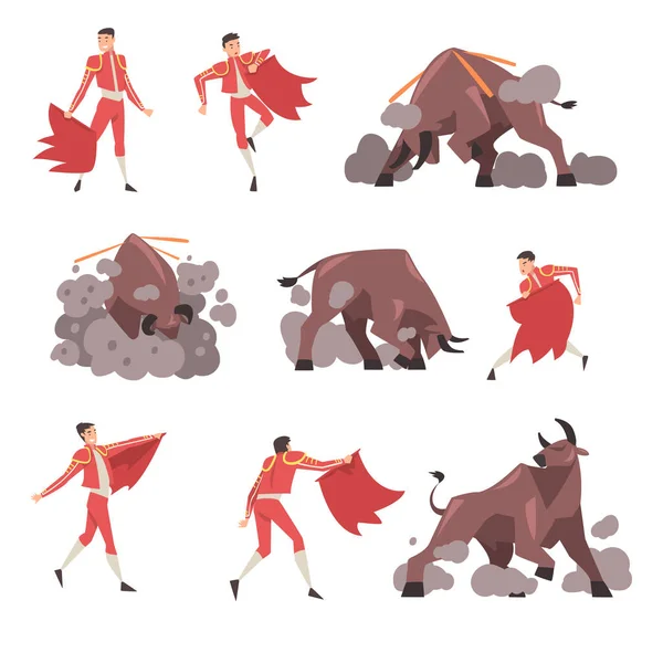 Torero et Taureau Attaquant Ensemble, Toreador, Picador Personnage Habillé En Costume Traditionnel, Espagnol Corrida Performance Cartoon Style Vector Illustration — Image vectorielle