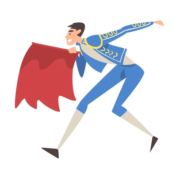 Bullfighter Fighting with Red Cape, Toreador Character Dressed in Traditional Costume, Spanish Corrida Performance Cartoon Style Vector Illustration — Stock Vector