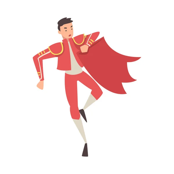 Bullfighter, Toreador, Picador Karakter Gekleed in Rood Kostuum, Spaanse Corrida Traditionele Prestaties Cartoon Style Vector Illustratie — Stockvector