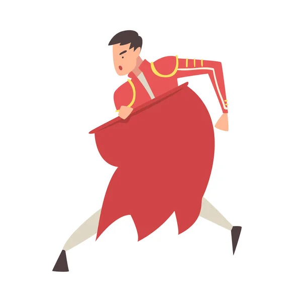 Man Bullfighter, Toreador Character Ντυμένος με Κόκκινη Παραδοσιακή Φορεσιά, Ισπανική Corrida Performance Cartoon Style Vector Illustration — Διανυσματικό Αρχείο