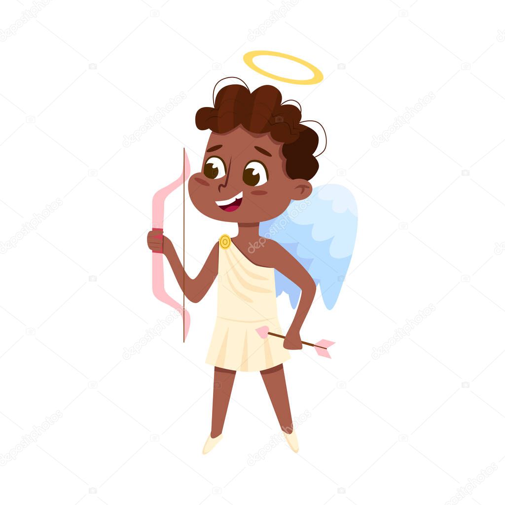 Cute Baby Angel Shooting with Bow, African American Angelic Boy with Wings Cartoon Style Vector Illustration