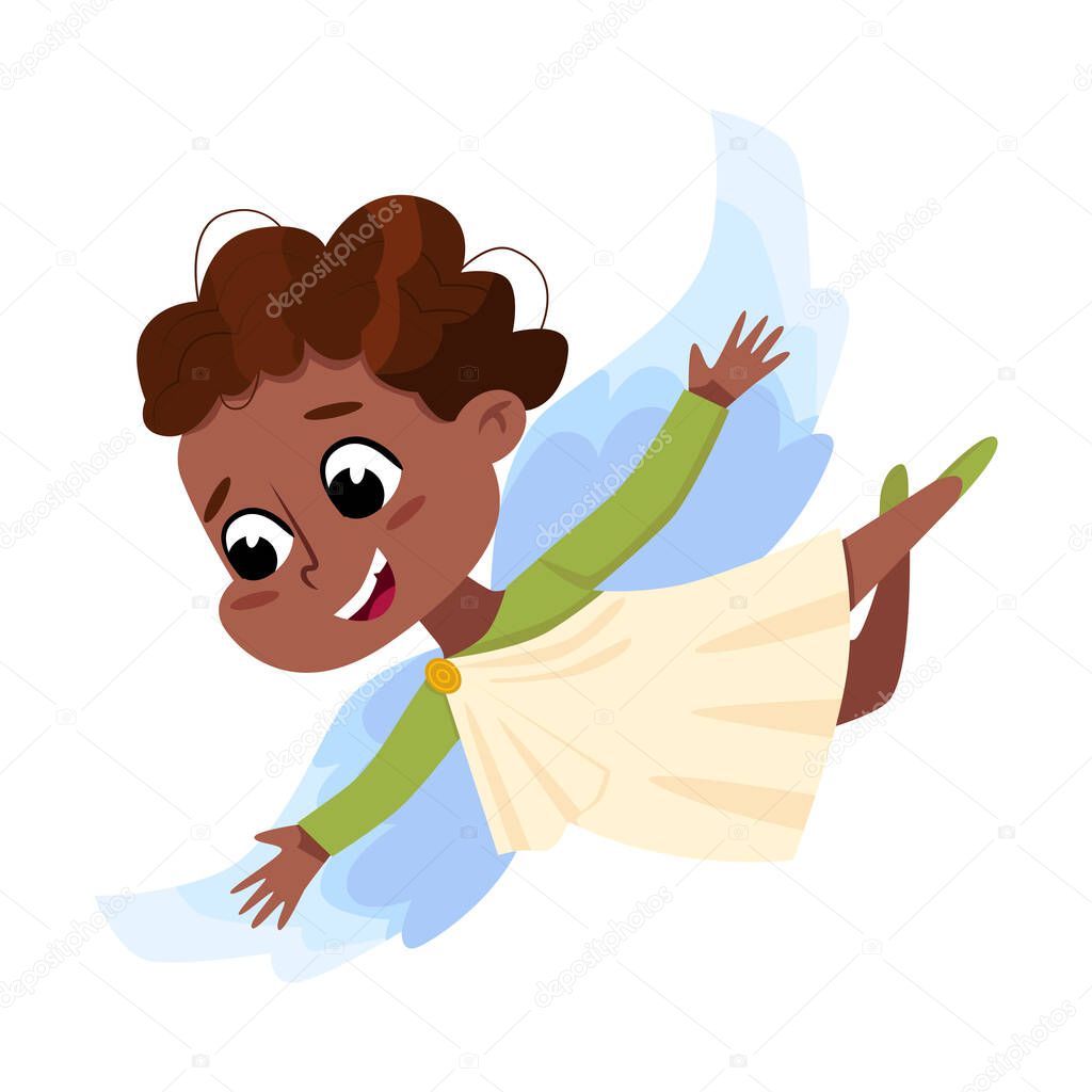 Cute Baby Angel Flying in Sky, Angelic Girl with Wings Cartoon Style Vector Illustration