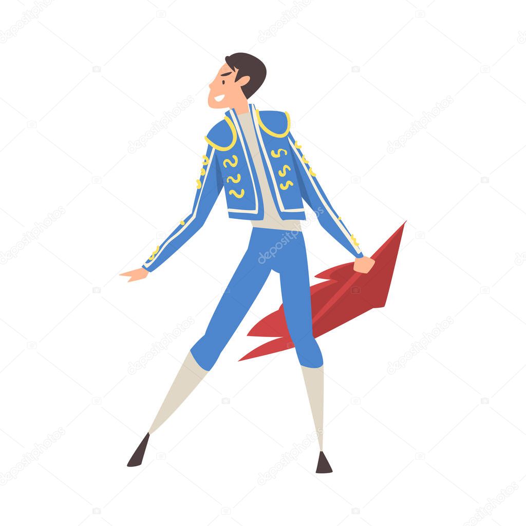 Bullfighter, Toreador, Picador Character Dressed in Blue Costume, Spanish Corrida Traditional Performance Cartoon Style Vector Illustration