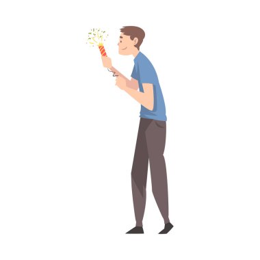 Yanan Havai fişek Tutan Genç Adam, Tatil Günlerini Kutlayan Adam Çizgi Film Biçimli Vektör İllüzyonu