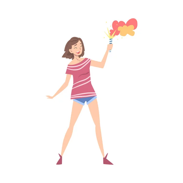Glückliches Mädchen hält brennenden Feuerwerkskörper in der Hand, Teenagermädchen feiert Feiertage Cartoon Vector Illustration — Stockvektor