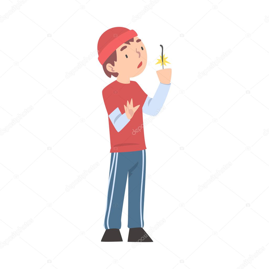 Cute Boy Holding Sparkler, Child Celebrating Holidays and Watching Burning Sparkler Cartoon Style Vector Illustration