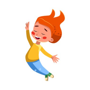 Güzel kızıl saçlı kız mutlu bir şekilde zıplıyor, şirin okul öncesi çocuğu eğleniyor, tatilini kutluyor, spor çizgi filmi stili illüstrasyonu yapıyor.
