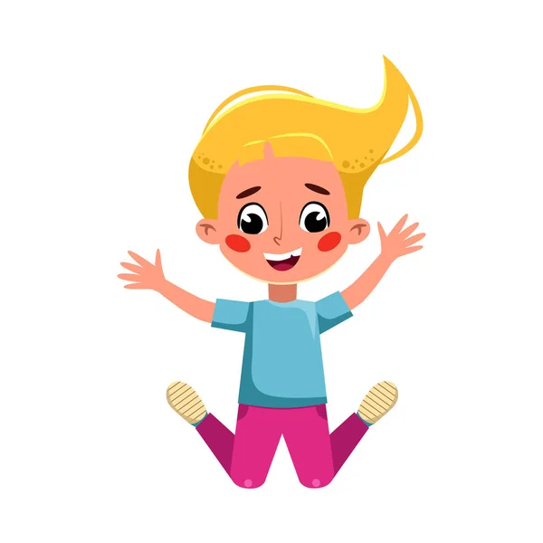 Beautiful Blonde Girl Happily Jumping, Cute Preschool Kid Having Fun, Doing Sports Cartoon Style Vector Illustration — Stock Vector