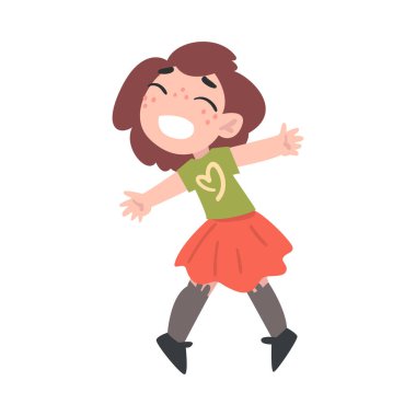 Gülümseyen Küçük Kız, Sevimli Mutlu Çocuk Komik Çizgi Film Tarzı Vektör İllüzyonu