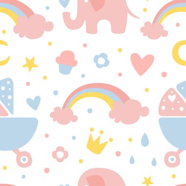 Sevimli Çocuksu Kusursuz Desen, Tasarım Elementi Bebek Giyimi, Kumaş, Tekstil, Çocuk Süsleme Çizgi Filmi Vektör İllüstrasyonu İçin Kullanılabilir