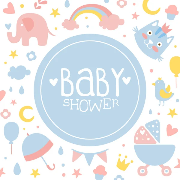 Bandeira do chuveiro do bebê, rosa claro e modelo de cartão de convite azul com padrão sem costura infantil bonito ilustração do vetor dos desenhos animados —  Vetores de Stock