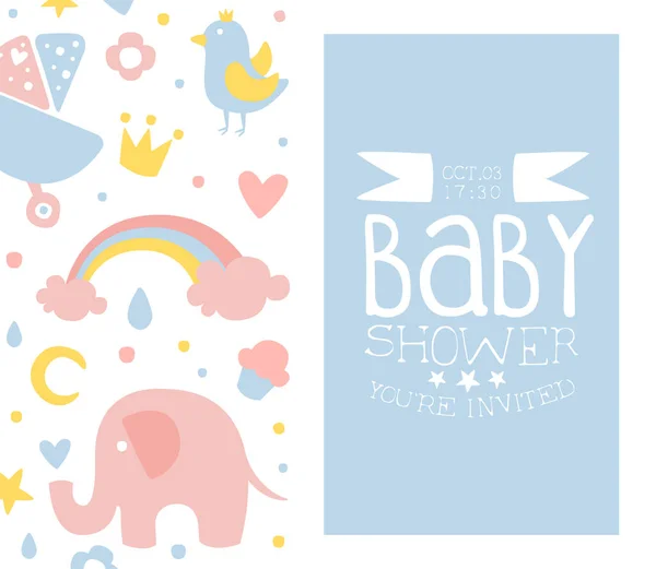 Baby Boy Shower Card, Light Blue Invitation Template with Cute Childish Seamless Pattern Cartoon Vector Illustration — Stock Vector