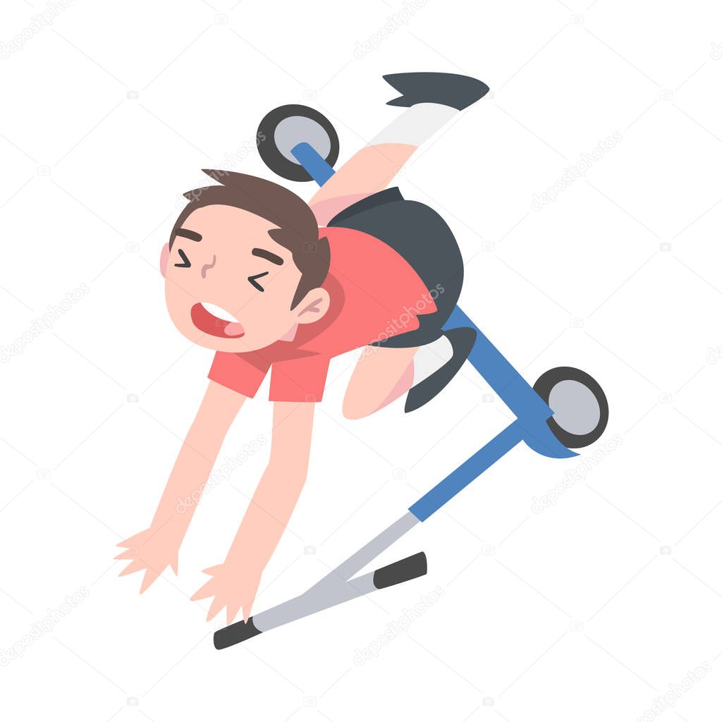 Cute Boy Falling from Kick Scooter, Traumatic Accident, Health Risk, Pain, Injury Cartoon Style Vector Illustration